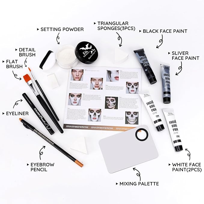 Halloween for Skeleton Makeup Kit, Professional Halloween SFX Makeup Set for Skeleton Costume, Water-Based Face Paint Set with Black White SilverFace Paints, for Cosplay, Costume Party