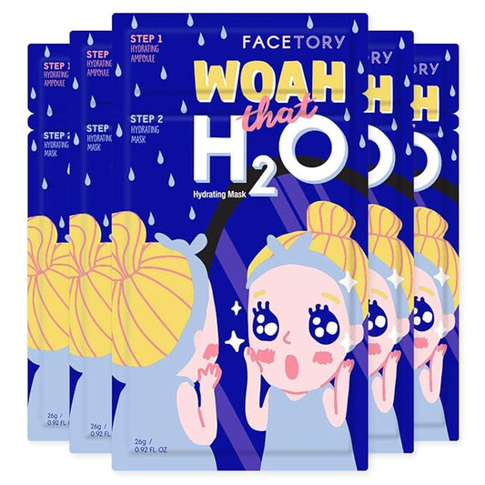 FACETORY K Beauty Face Mask Skin Care - Woah That H2O 2-Step Sheet Mask with Ceramide & Sodium Hyaluronate | Moisturizing, Balancing (5 Pack)