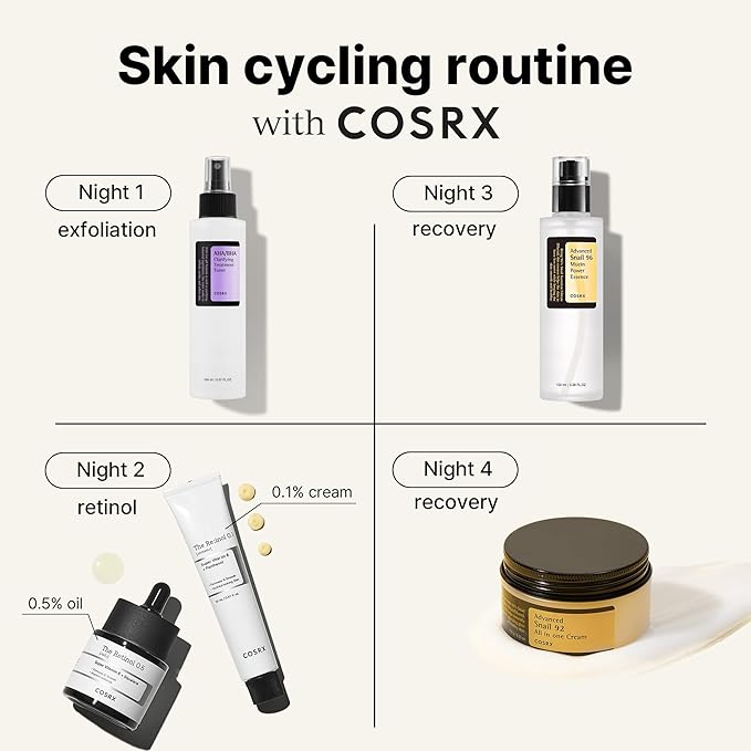 COSRX Skin Cycling Routine - Snail Mucin 96% Essence + Retinol 0.5 Oil, Recovery Set for Face and Neck, Fine Lines Spot Treatment, Repair Oil for Face
