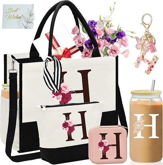 Birthday Gifts for Women,Initial Canvas Tote Bag,Monogrammed Gift for Women,16oz Initial Glass Cup,Makeup Bag with Zipper,Jewelry Organizer Box,Personalized Gifts for Mom-H