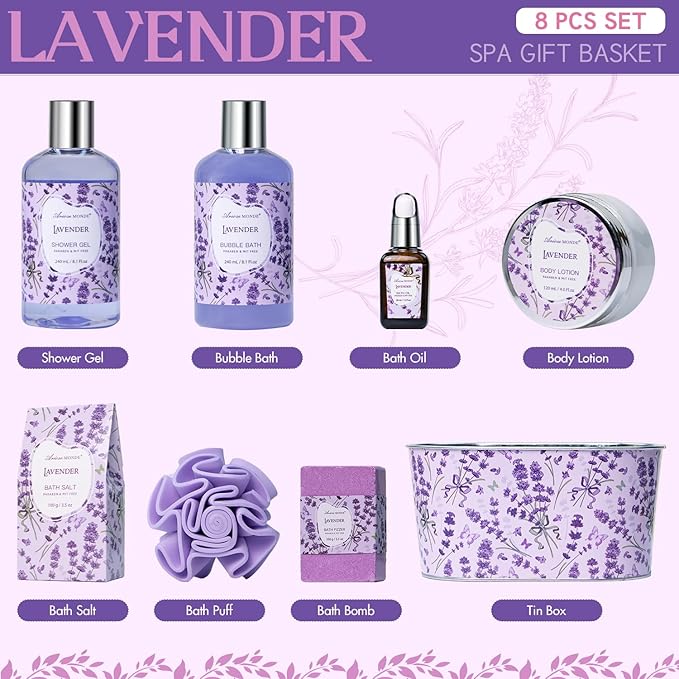 Bath Gift Baskets for Women, Lavender Relaxing Spa Gifts, Bath Spa Gift Basket for Women, Self Care Gifts, Care Package, Home Spa Products, Birthday Gifts , Gifts for her