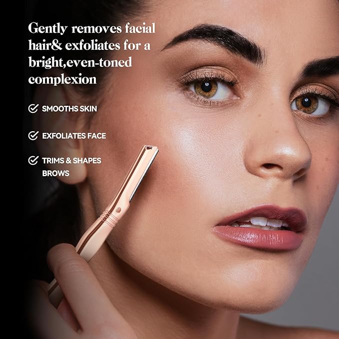 Eyebrow Razor for Women and Men, Face Razors for Women, Dermaplane Razor with Protective Silicone Cover, Reusable Metal Handle with 6 Refill Blades, Skin Care Tool - Rose Gold