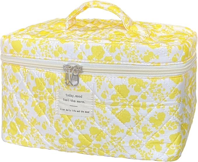 Yellow Large Quilted Floral Makeup Bag Cute Soft Coquette Aesthetic Cosmetic Bag Cotton Travel Toiletry Bag for Women
