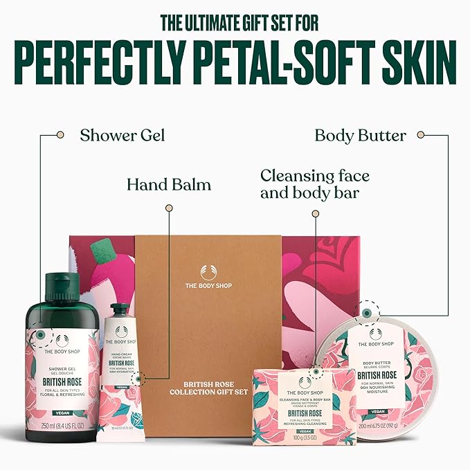 The Body Shop British Rose Collection Gift Set - 4 Piece Set, Shower Gel, Body Butter, Hand Cream, Bar Soap, Vegan