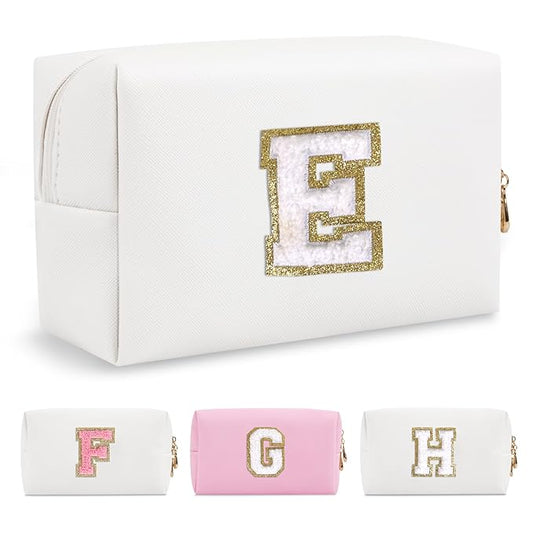 Small Personalized Initial A-Z Preppy Patch Makeup Bag,White PU Chenille Letter Travel Cosmetic Pouch with Zipper,Cute Toiletry Bag,Gift Ideal for Teen Girls Women Teacher Bridesmaid,Letter E