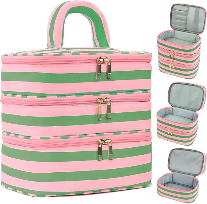 Three Layer Makeup Bag for Women Fashion Stripes Cosmetic Bag Preppy Style Travel Water-Resistant Toiletry Bag for Storage Toiletries Cosmetics Sets for Women Teen Girls Green