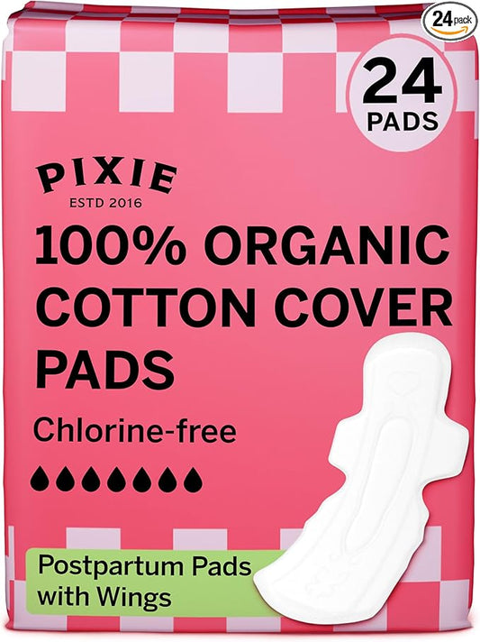 Pixie Cup Organic Cotton Postpartum Pads for Women - Extra Heavy Absorbency with Wings - Leak-Proof, Hypoallergenic & Unscented - Compostable, Biodegradable - 24 Count