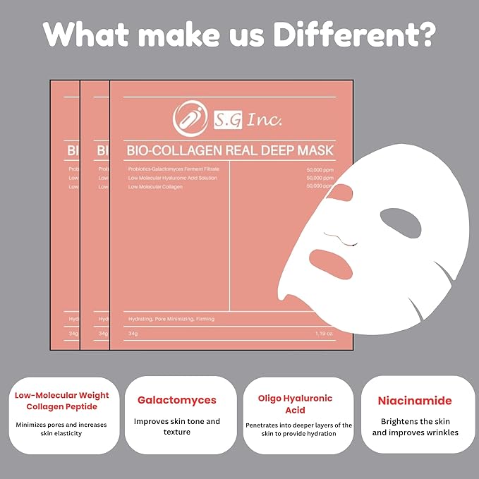 SG Bio- Collagen Real Deep Mask – Overnight Hydrating Collagen Face Masks Skincare| Anti-Wrinkle,Firming,Pore Minimizing,Elasticity Enhancing | Hydrogel Sheet Mask for All Skin Type. (34g x 6-Pack)
