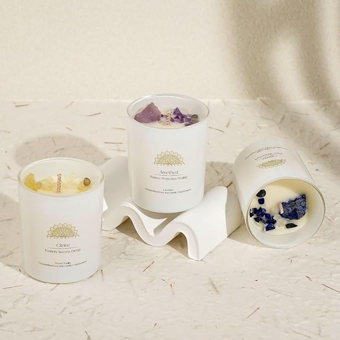 Soy Candles with Healing Crystals. Amethyst, Lazurite, Citrine Crystal. Lavender, Sea Salt & Orchid, French Vanilla. Positivity Energy Gift for Women, 3PC Scented Candle Set 3.5 oz Each