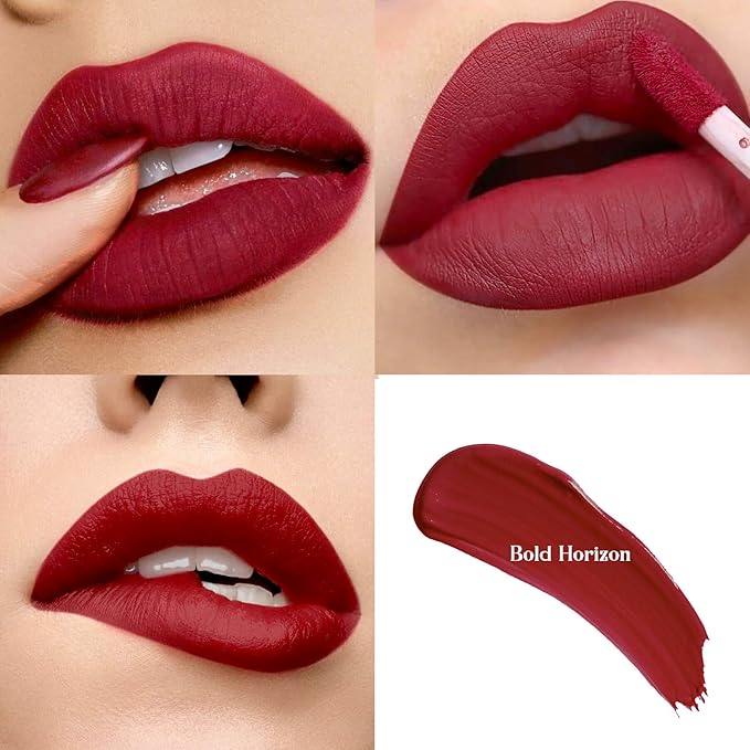 Deep Red Liquid Lipstick Matte Smudge Proof, Transfer Resistant Lip Color, Waterproof, Non-Transfer Formula (Bold Horizon)