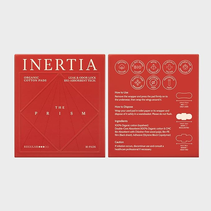 Truly Organic INERTIA Pads - The Prism with Wings for Women Regular Absorbency (10 Count) - The Best Absorbency, NO Petroleum-Based microplastic, Chlorine, or Fragrance. (Pack of 1)