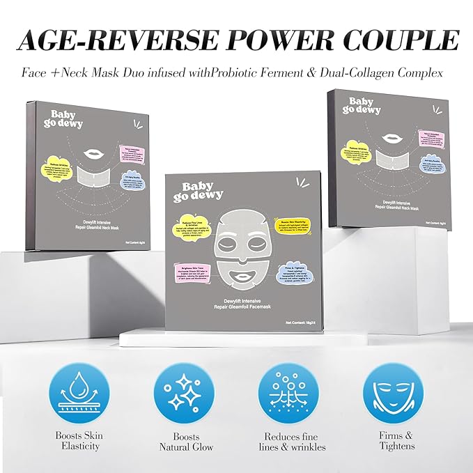 Bio-Collagen‑Peptide Face Mask Sheets – Gleam Foil Intensive Overnight Hydrate Face & Neck Masks for Moisturizing, Firming & Lifting Care – 8 Count(4 Face Masks + 4 Neck Masks)