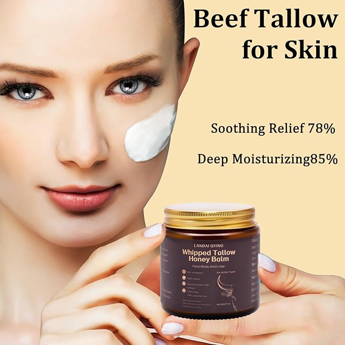 Organic Grass-Fed Beef Tallow Cream, Natural Beef Tallow for Face with Honey, Olive Oil - Fast-Absorbing Body & Face Moisturizer Cream, Smooth, Nourishing Skincare for Dry, Sensitive Skin