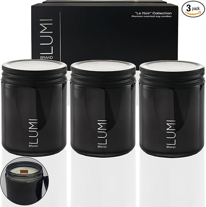 Set of 3 Scented Soy Candles Gift Set | Le Noir Collection | Men’s Cologne, Red Teakwood, Bergamot & Oud | Crackling Wood Wick | 40+ HR Burn, 7oz Each | Luxury Gift for Men & Home