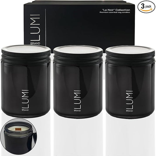 Set of 3 Scented Soy Candles Gift Set | Le Noir Collection | Men’s Cologne, Red Teakwood, Bergamot & Oud | Crackling Wood Wick | 40+ HR Burn, 7oz Each | Luxury Gift for Men & Home