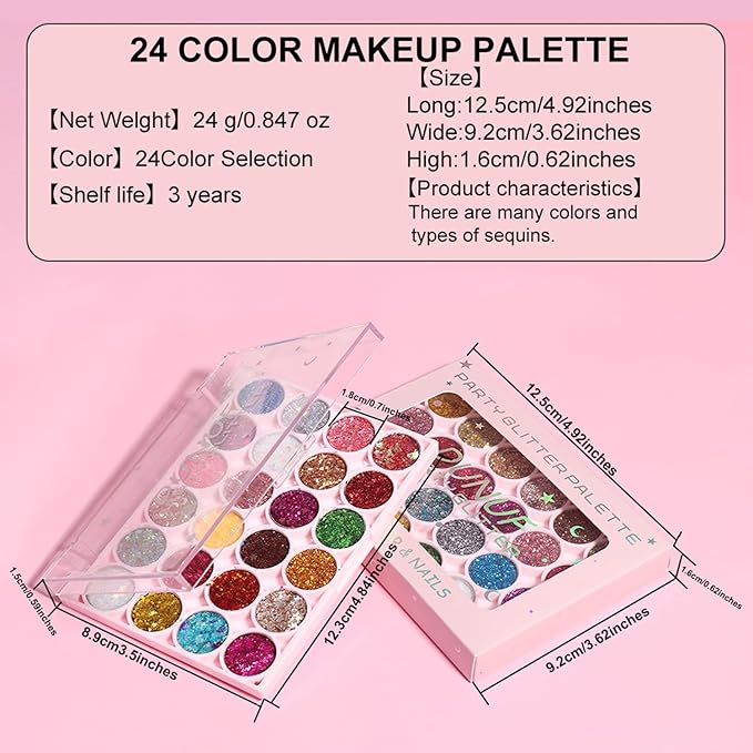 Glitter Eyeshadow Palette, 24 Colors Highly Pressed Pigmented Metallic Shimmer Sparkly Glitter Eyeshadow Makeup Pallet Palettes,Pink Blue Green Red Gold Purple Long Lasting Waterproof (24pcsC)