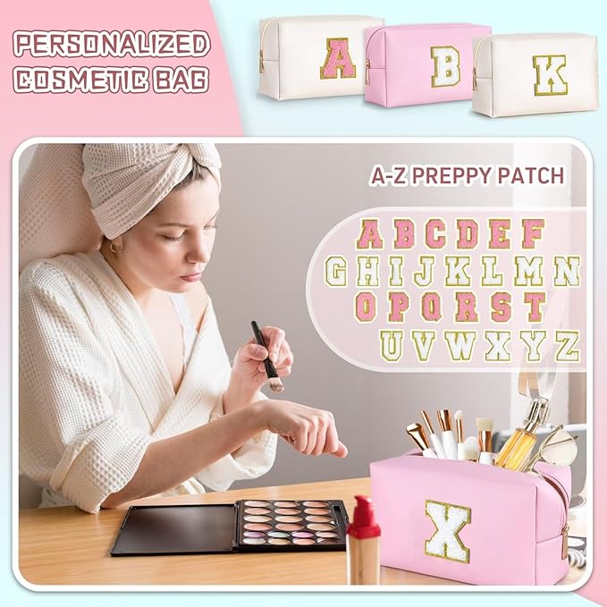 TOPEAST Initial Cosmetic Bag, PU Leather Waterproof Travel Toiletry Bag, Monogrammed Gifts for Women, Personalized Birthday Gift for Sister Friends, Cute Stuff for Girls (Pink K)