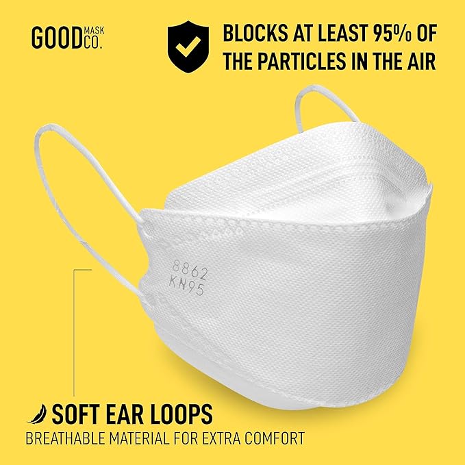 Good Mask Co. Good Comfort KN95 Face Mask, Disposable KN95 Face Mask, Folding, Filter Efficiency =95%, Comfortable Face Masks, Bulk Face Masks (10 Pack of Masks, White)