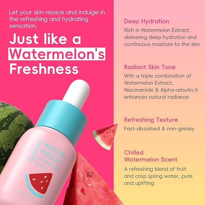 Niacinamide Serum for Face, Skin Care with Watermelon Extract & Hyaluronic Acid, Vitamin C, Hydrating, Glow, Anti-Aging, for Uneven Skin Tone, for Teens Girls Women Gifts, 1 Fl. Oz