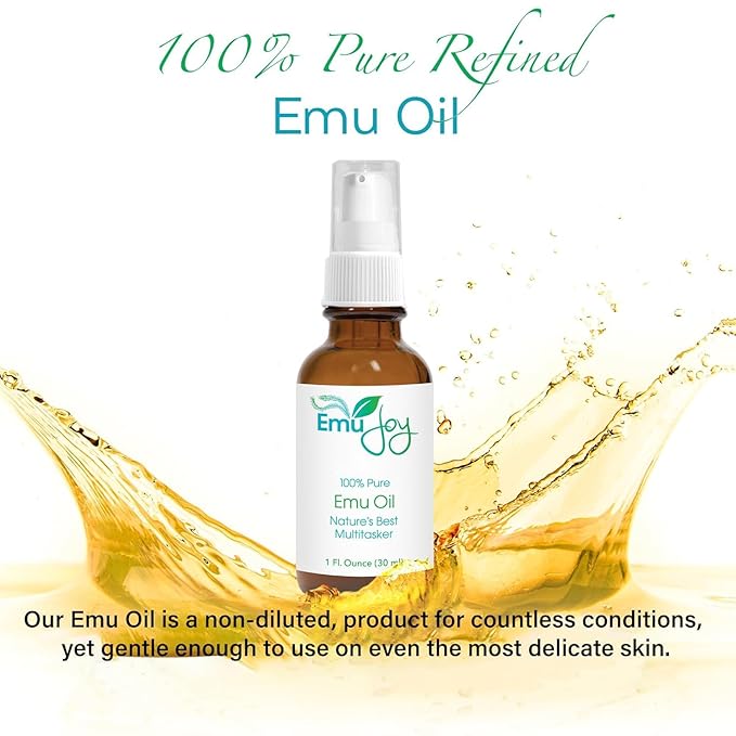 Emu Joy Emu Oil Organic - 100% Pure, Made in the USA - Emu for Skin, Face, Hair, and Nails, Piercing Bump Oil & Tattoo Aftercare (New Packaging, 1 Fl Oz)