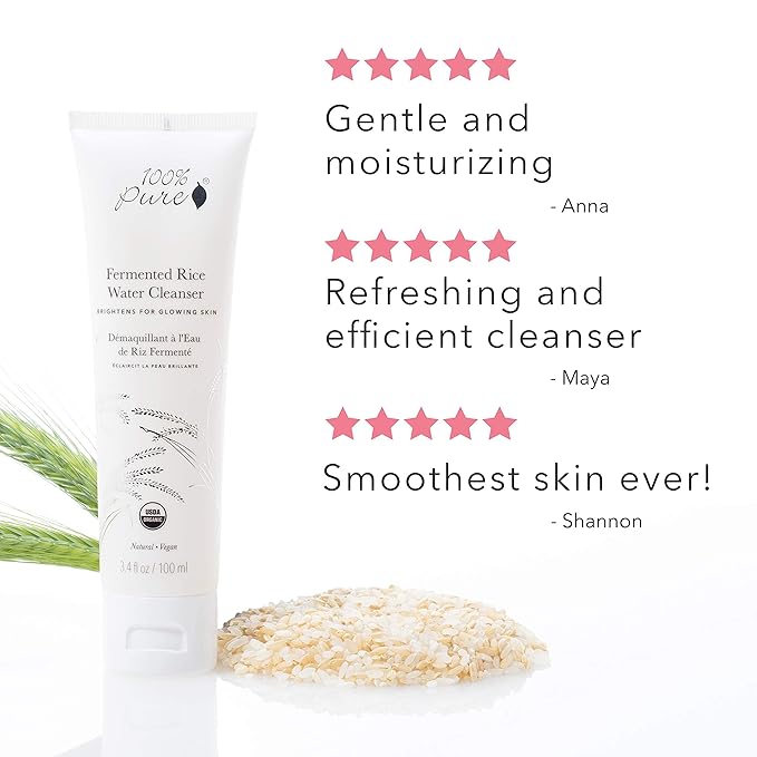 100% PURE Fermented Rice Water Cleanser, Face Wash, Skin Care For All Skin Types, Daily Makeup Remover, Natural Face Wash for Clear Skin - 3.4 Fl Oz