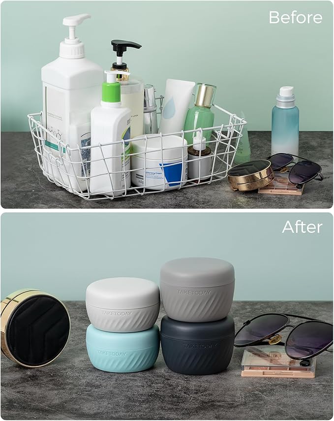 TakeToday Travel Containers for Toiletries, Leak-proof, TSA Approved, Refillable Silicone Cream Jars with Lid Travel Size Essential for Cosmetic toiletry Cream, 2&3oz, 4 Pack (Grey)