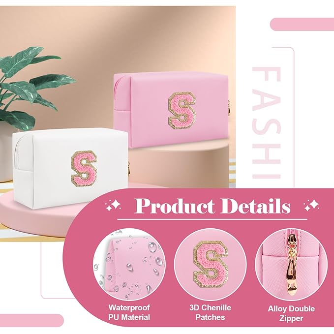 Personalized Initial A-Z Preppy Patch Makeup Bag,Small PU Leather Chenille Letter Cosmetic Bag with Zipper for Teen Girls,Pink Cute Travel Toiletry Bag,Birthday Monogrammed Gift for Daughter,Letter S