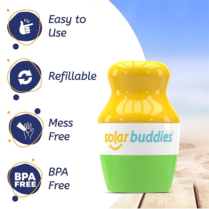 Solar Buddies Sunscreen Applicator - Green Pack of 2 - BPA-Free Refillable Roll on Sponge Sunscreen, Suncream & Lotion Applicator For Kids, Adults & Families - Holds 3.4fl oz, Perfect Size for Travel