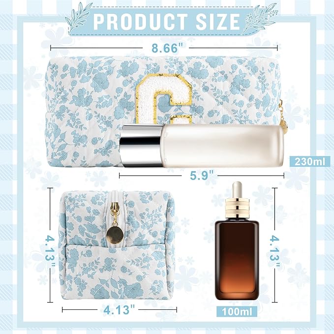 Personalized Quilted Cosmetic Bag, Puffy Monogrammed Christmas Birthday Gifts for Women & Girls, Cute initial Floral Makeup Bag Puffer Coquette Bag, Aesthetic Travel Toiletry Zipper Pouch(Blue,C)