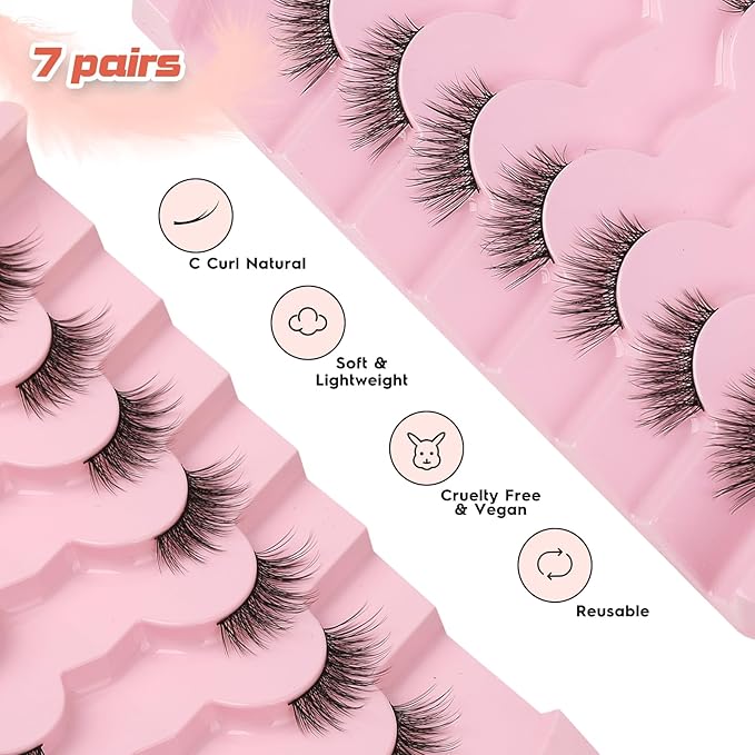 Half Lashes Cat Eye 14MM Corner Lashes False Eyelashes Natural Look C Curl Wispy Half Eyelashes 3/4 Lashes with Thin Cotton Band Soft Eyelash Pack Siligli 7 Pair