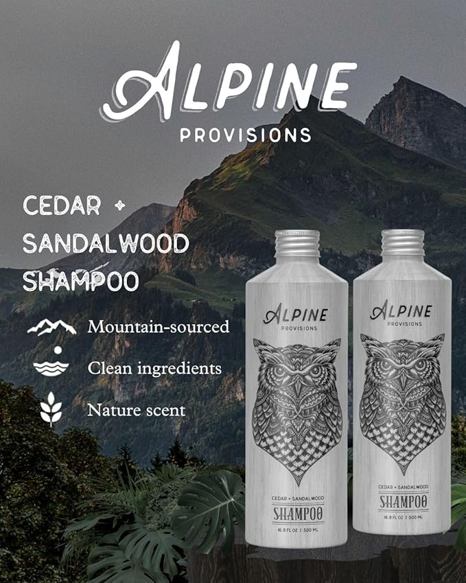 Alpine Provisions Cedar & Sandalwood Organic Shampoo for Men and Women - Natural for Hydration with Essential Oils, Jojoba, Aloe Vera - Vegan, Sulfate & Plastic Free - Plant-Based Hair Care 16.9 FL Oz