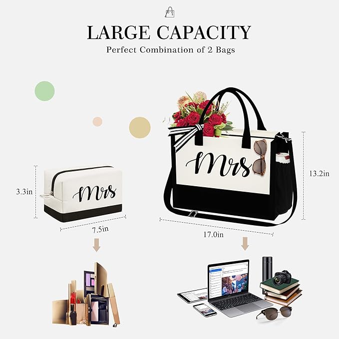 YOOLIFE Initial Canvas Tote Bag & Makeup Bag, Birthday Gifts for Women Mom Sister Friends, Bridesmaid Wedding Gifts