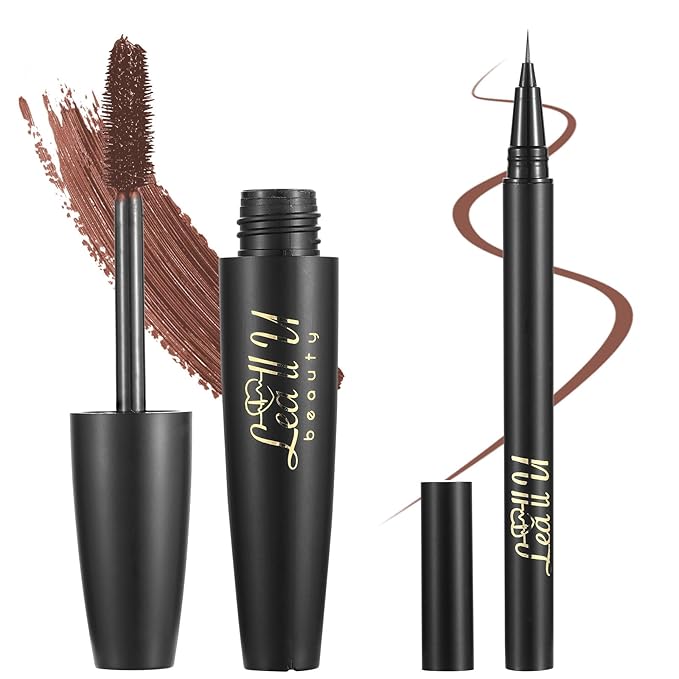 4D Mascara And Eyeliner Set Black Brown Long Lasting Mascara Waterproof Eyeliner Kit (Brown)