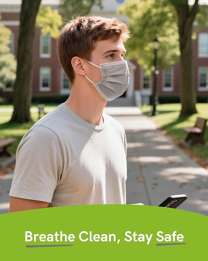 FriCARE Disposable Face Masks, 3-Ply ASTM Level 3 Medical Grade, FSA/HSA Eligible, Breathable & Comfortable for Allergy/Sun Protection, 50 Pack Gray