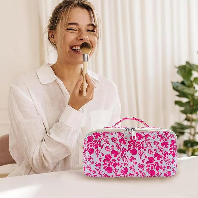 Rose Red Large Quilted Floral Makeup Bag Cute Coquette Aesthetic Cosmetic Bag Open Flat Travel Toiletry Make up Bag for Women