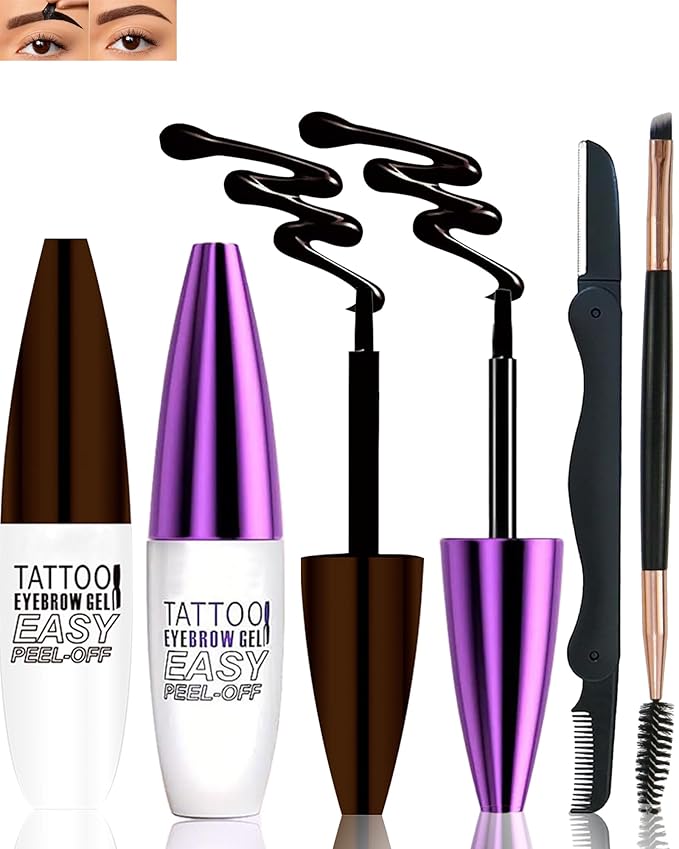 Peel Off Eyebrow Gel Kit,2Pcs Brown Tattoo Eyebrow Tinting Gel Easy Peel Off Tinted Eye Brow,Waterproof Long-lasting Up to 3 Days Brows Tinting for Women Natural Defined&Fuller Eyes Makeup Gift Set-01