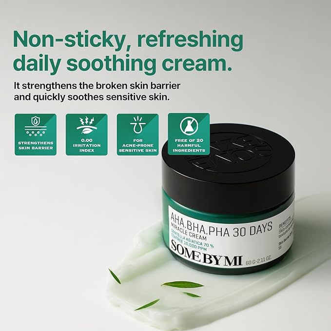 SOME BY MI AHA BHA PHA 30 Days Miracle Cream - 2.02oz, 60ml - Mild Exfoliating Salicylic Acid & Centella Face Moisturizer for All Skin Types - Daily Soothing & Clarifying Face Cream - Korean Skin Care