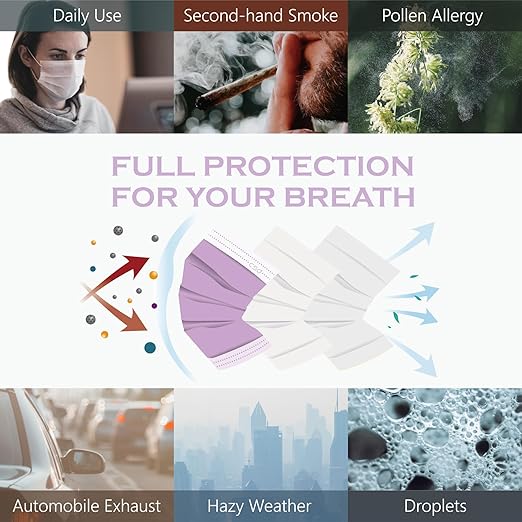 CSD Colo 30 Pcs Purple Disposable Face Masks, 3 Ply Adult Mask with Elastic Ear Loop, Nose Bridge Clip, Breathable Comfortable Mask Great for Indoor, Outdoors Use (Lavender Purple)