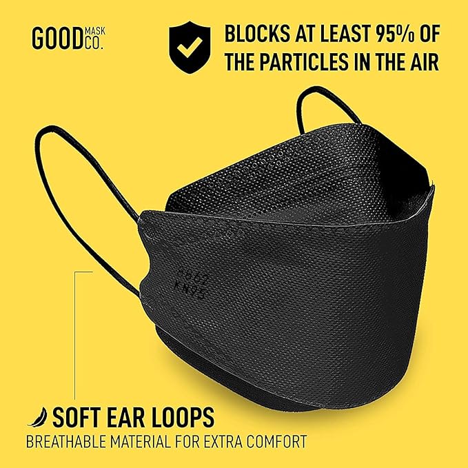 Good Mask Co. Good Comfort KN95 Face Mask, Disposable, Folding, Comfortable, Bulk (25 Pack, Black)