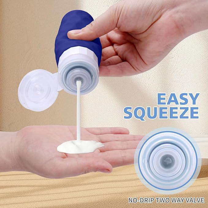 Travel Bottles for Toiletries, 4pcs Tsa Approved 3oz Travel Size Containers, BPA Free Leak Proof Premium Silicone Bottles, Refillable Liquid Squeezable Accessories W/Toiletry Bag (Blue)