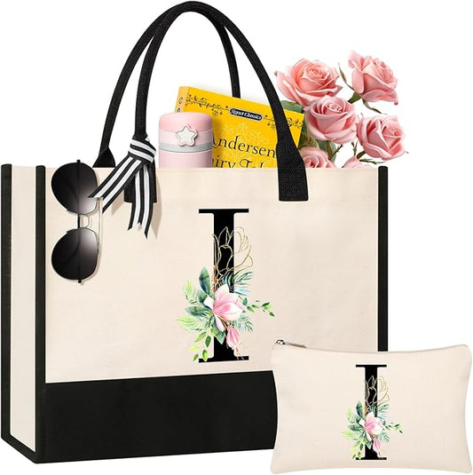 AYGE Personalized Initial Canvas Beach Tote, Monogrammed Gifts for Women, Makeup Bag, Birthday Gifts for Sister, Mom, Teacher, Bridesmaid