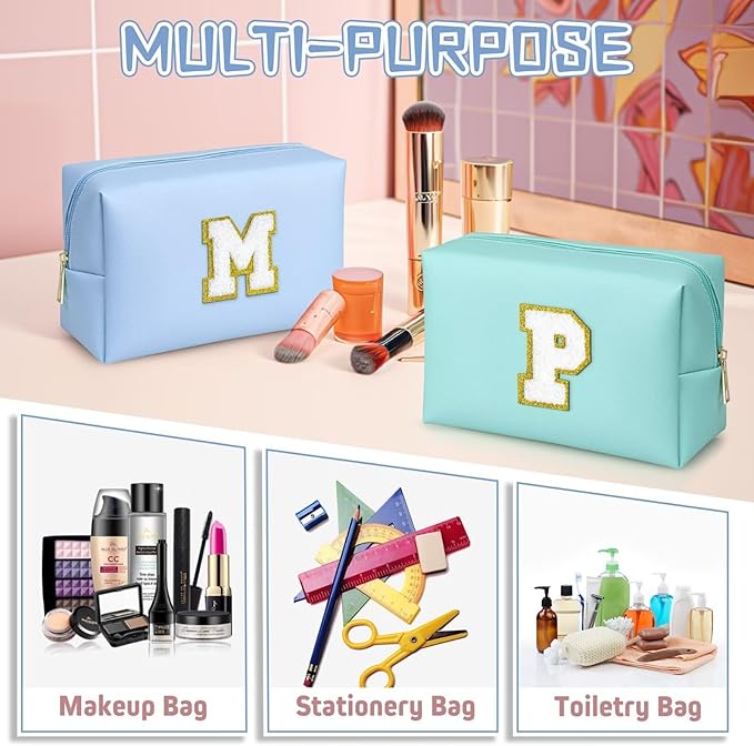TOPEAST Birthday Gifts for Women, Personalized Initial Makeup Pouch Leather Waterproof Cosmetic Bag Birthday Gifts for Women (Sky Blue A)