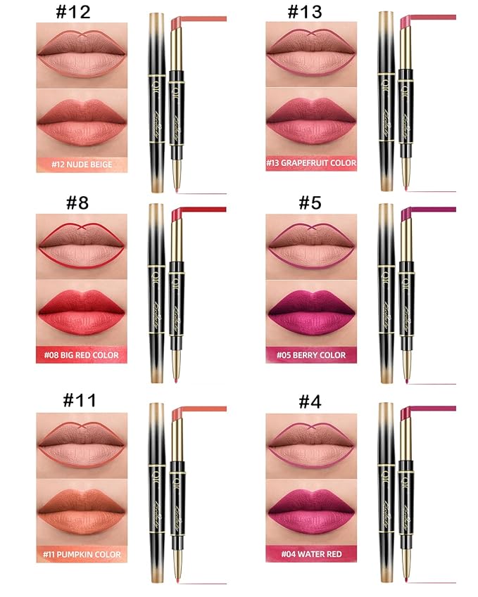 6Pcs Lip Liner and Lipstick Makeup Set, Purple Red/Claret/Vermilion/Pastel Orange/Rose/Ruby Red Lipstick Pen and with Lip Liner Pencil Set Lip Gift Set for Daily/Travel/Party/Work