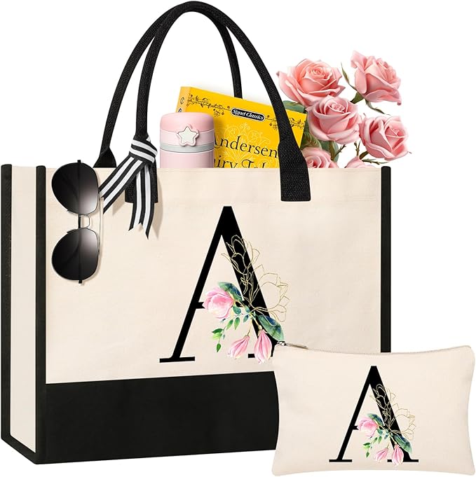 AYGE Personalized Initial Canvas Beach Tote, Monogrammed Gifts for Women, Makeup Bag, Birthday Gifts for Sister, Mom, Teacher, Bridesmaid (A)