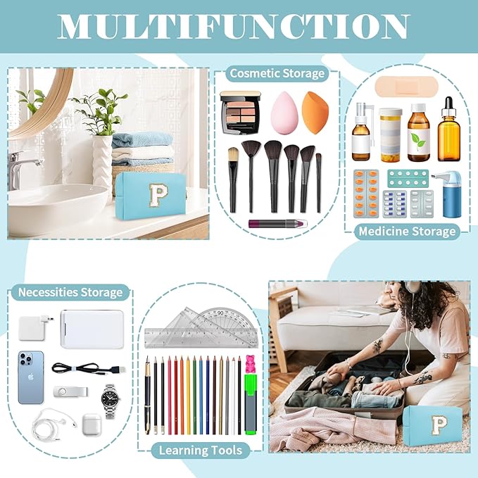 Small Personalized Initial A-Z Preppy Patch Makeup Bag,PU Chenille Letter Travel Cosmetic Pouch with Zipper,Blue Cute Toiletry Bag,Gift Ideal for Teen Girls Women Teacher Bridesmaid,Letter P