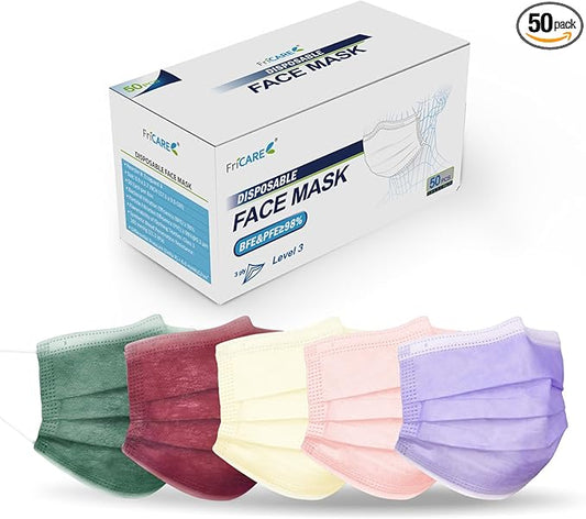FriCARE Disposable Face Masks, 3-Ply ASTM Level 3 Medical Grade, FSA/HSA Eligible, Breathable & Comfortable for Allergy/Sun Protection, 50 Pack Berry Orchard