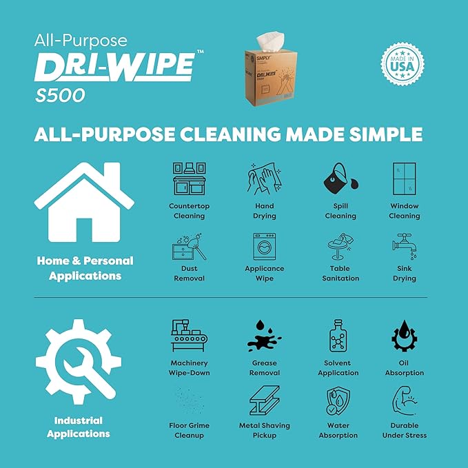 Dri-Wipe S500 by SMPLY Brands – All-Purpose Disposable Wipes, 10 Boxes of 176 (1,760 Total Wipes), Strong Alternative to Shop Towels & Paper Towels, 8" x 12" Center-Pull Sheets