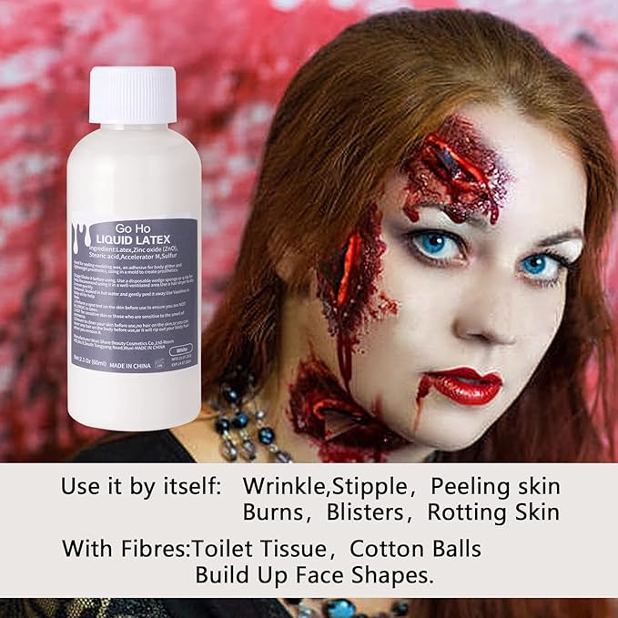 Go Ho Liquid Latex SFX Makeup(2 oz),Halloween Monster Zombie Makeup,Quick Drying Multi-Purpose Liquid White Face Paint for Scar Cut Wound Peeling Skin Wrinkles Stipples Burns Blisters,Clear White