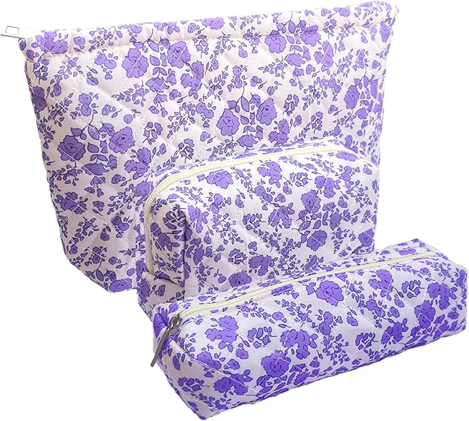 3 Piece Purple Quilted Floral Makeup Bag Set Small Cosmetic Bag For Women Cute Cotton Makeup Pouch For Purse