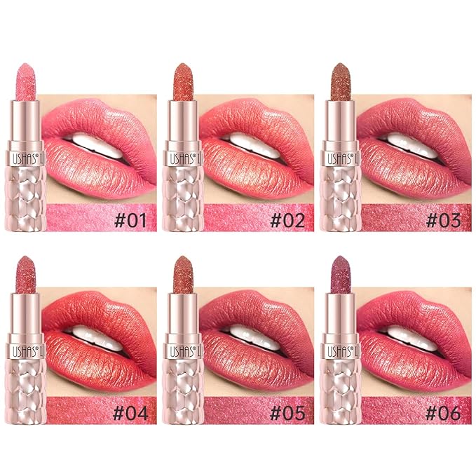 USHAS 6pc Diamond Shimmer Lipstick Set - Dark Red Pink Purple Mauve Glitter Sparkly Glossy Metallic Sparkle Waterproof Lipstick for Women (6 Count (01-06), Pack of 1)